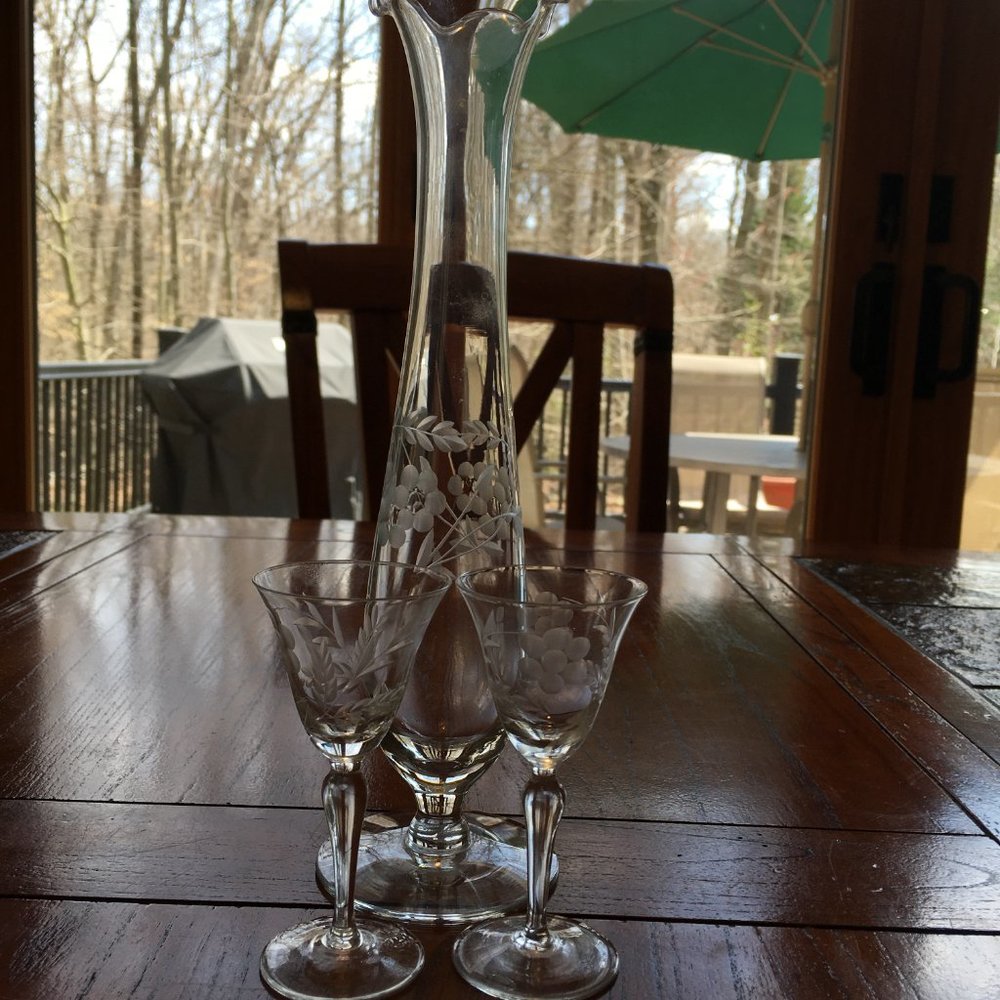 Vintage Clear Glass Vase with Etching with Two Matching Apertif Glasses